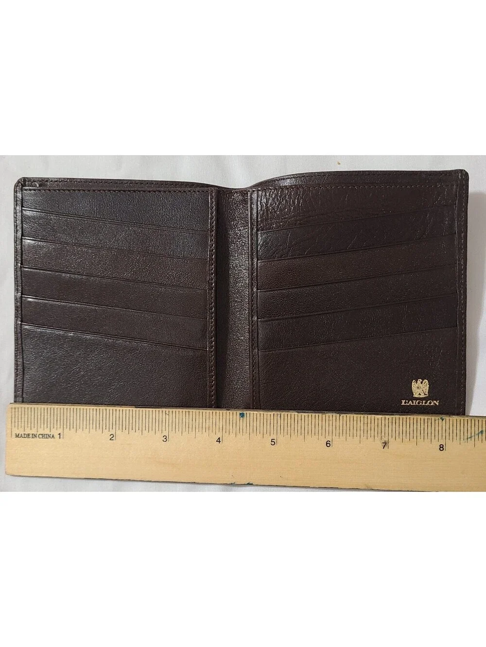 Vtg L’Aiglon Leather Bifold Wallet & Dust Cover Sz Small Dark Brown 10 CC Slots